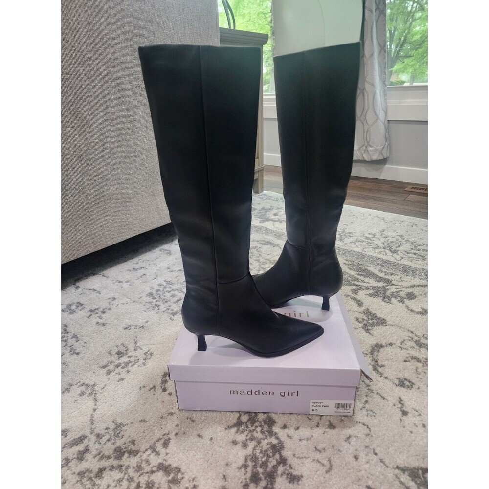 Madden Girl Women's Black Debut Knee-High Kitten-Heel Dress Boots Shoe Size 6.5M